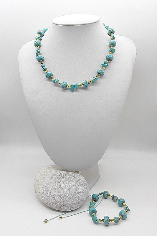 The Tranquil Current Set by Polmadeva – turquoise, howlite and hematite necklace and bracelet set symbolizing serenity, strength, and balance