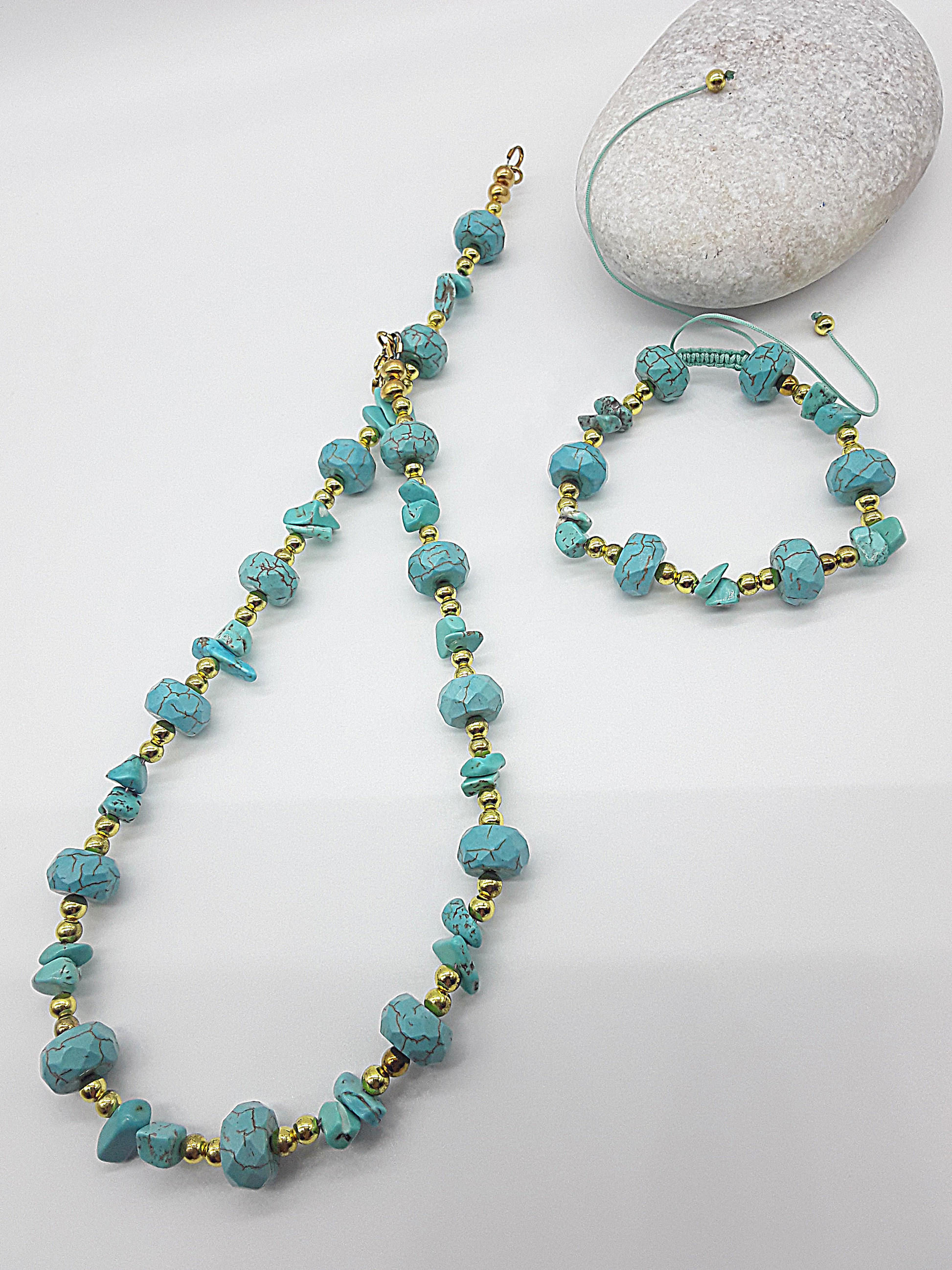 The Tranquil Current Set by Polmadeva – turquoise, howlite and hematite necklace and bracelet set symbolizing serenity, strength, and balance