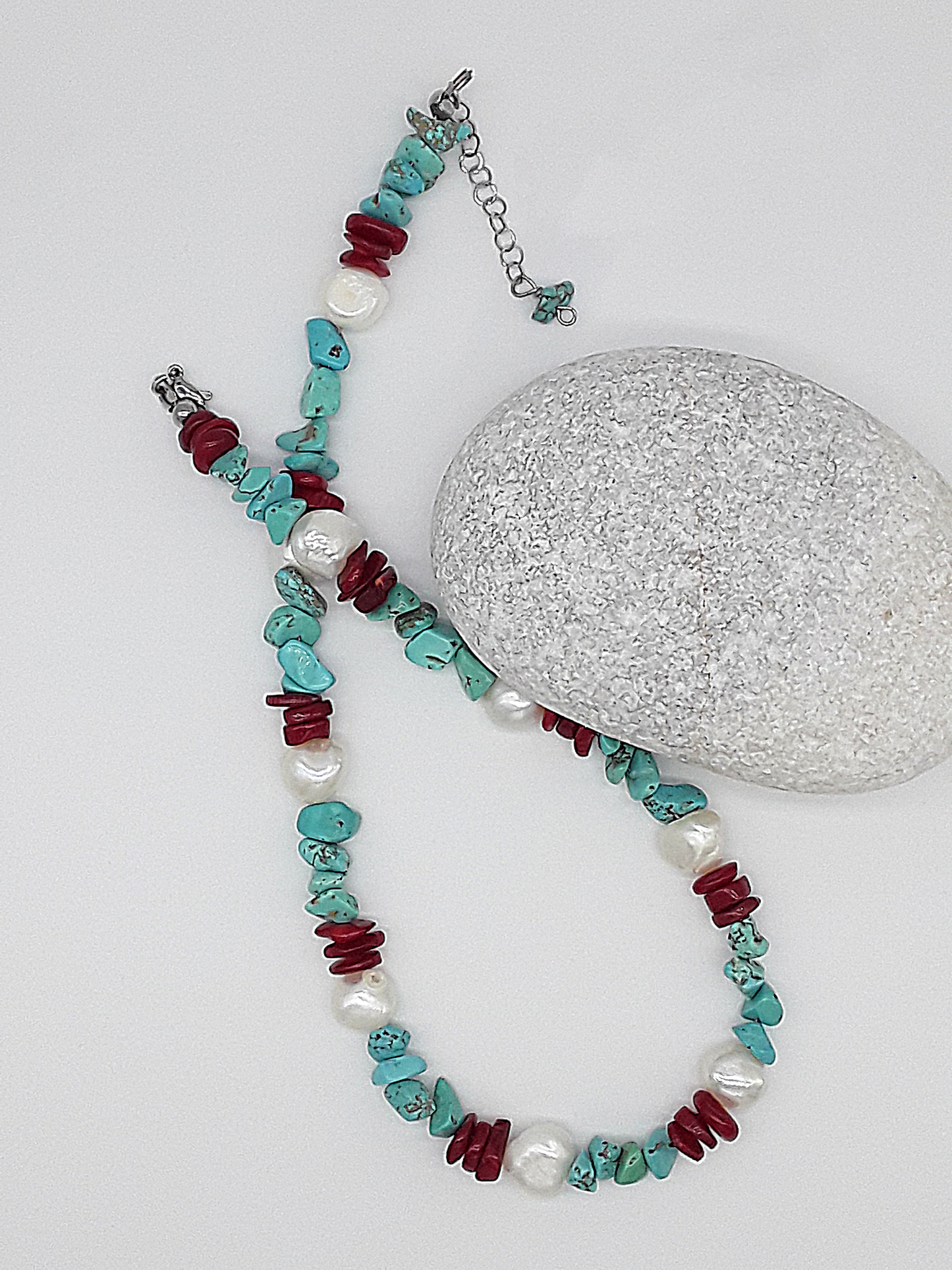 The Ocean’s Renewal Necklace by Polmadeva – turquoise, pearl and red coral necklace symbolizing the ocean’s rhythm and renewal