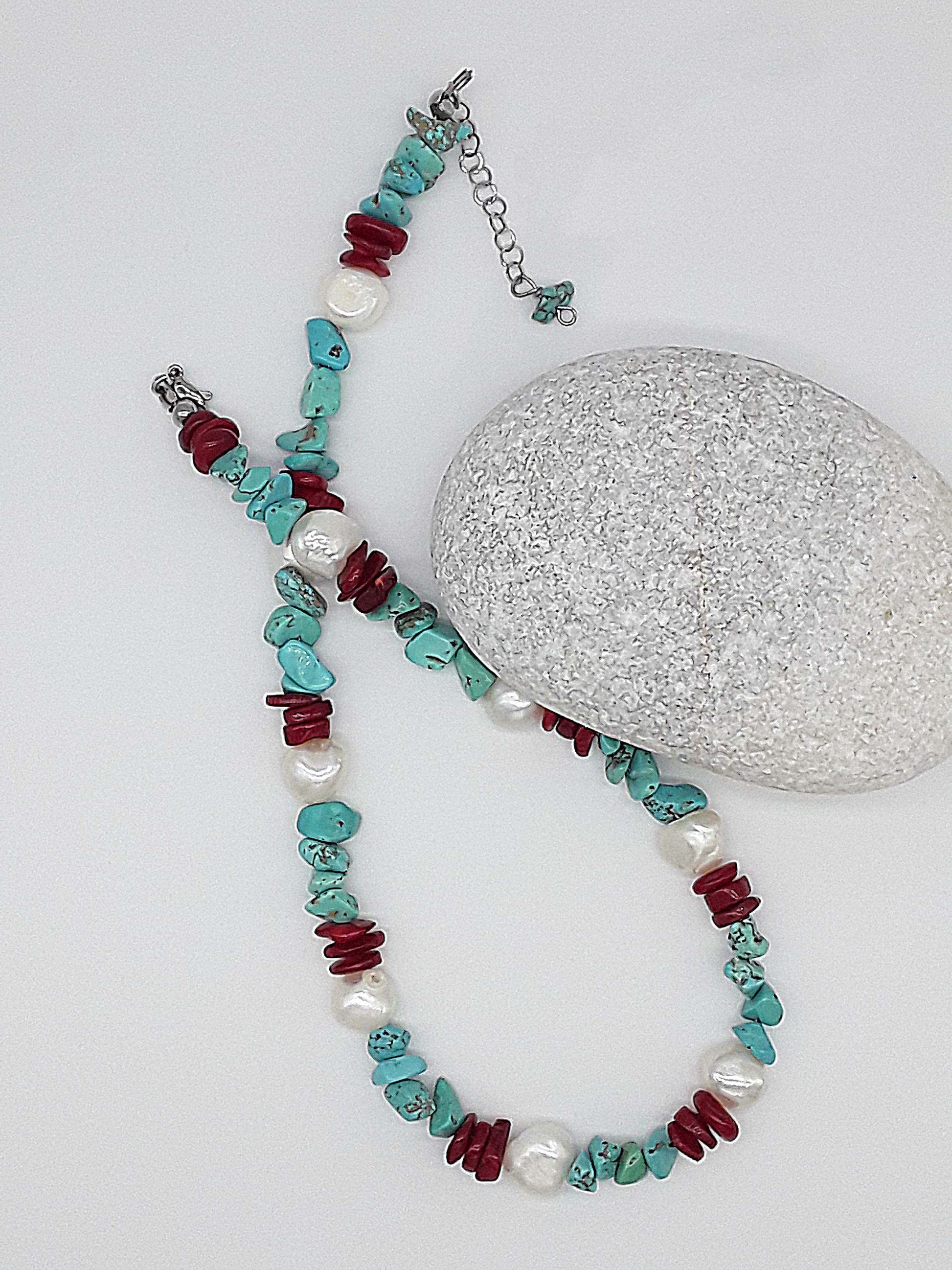 The Ocean’s Renewal Necklace by Polmadeva – turquoise, pearl and red coral necklace symbolizing the ocean’s rhythm and renewal