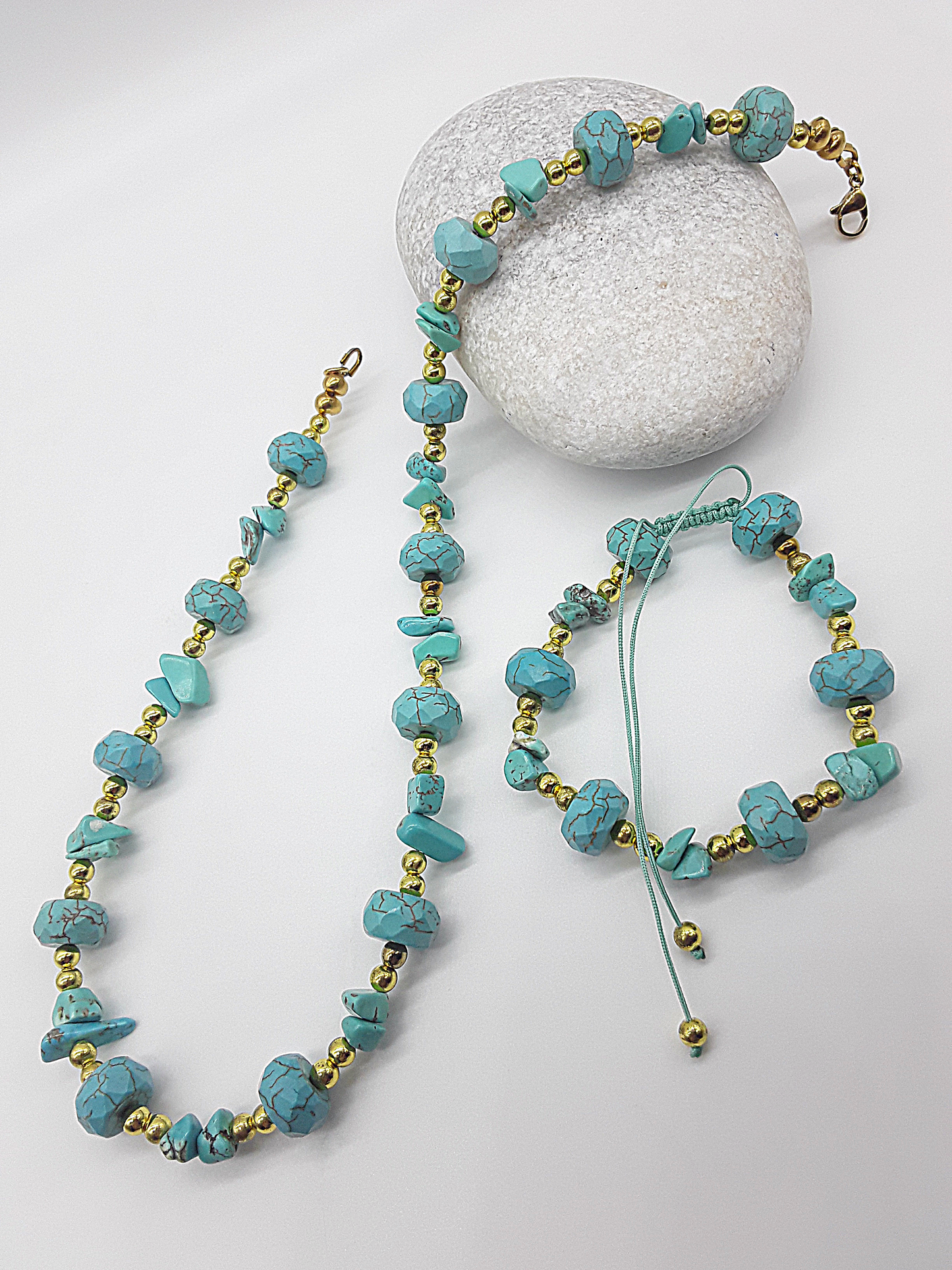 The Tranquil Current Set by Polmadeva – turquoise, howlite and hematite necklace and bracelet set symbolizing serenity, strength, and balance