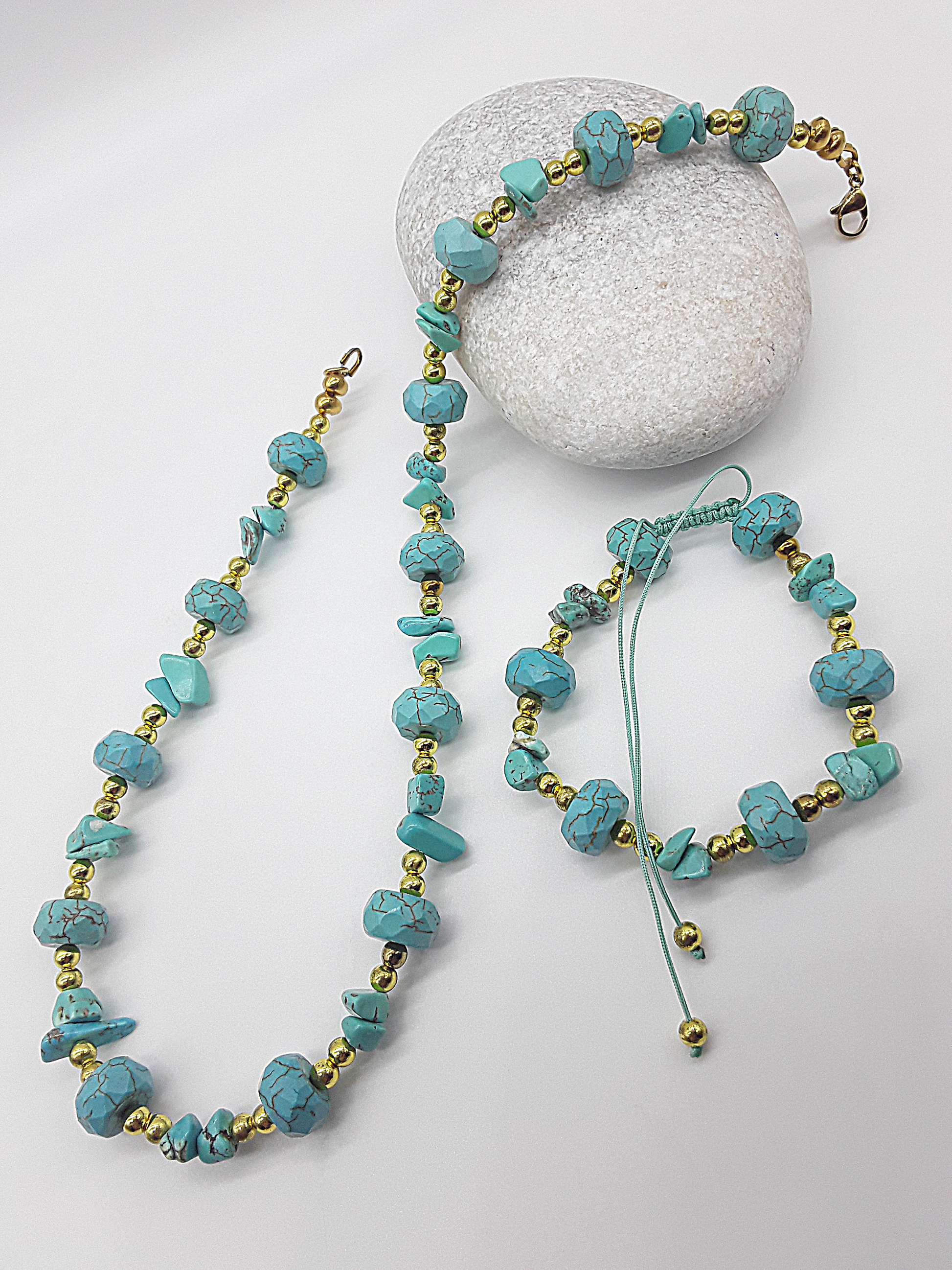 The Tranquil Current Set by Polmadeva – turquoise, howlite and hematite necklace and bracelet set symbolizing serenity, strength, and balance