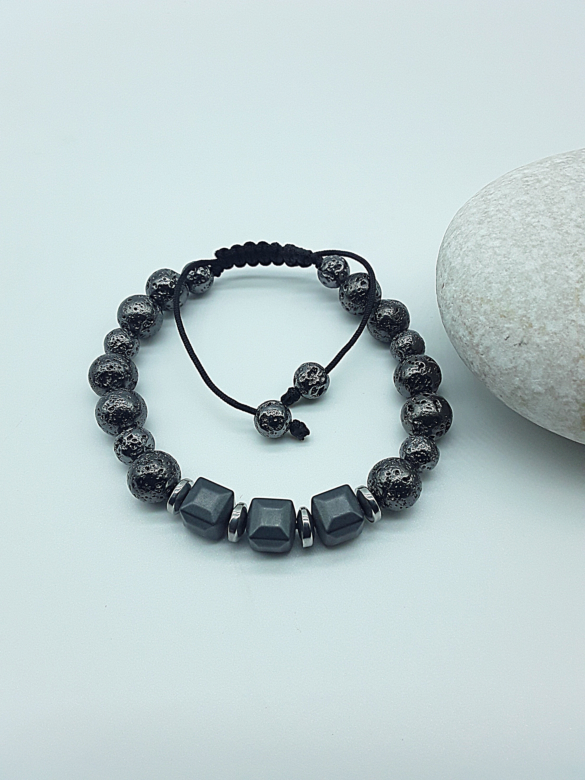 The Guardian’s Aegis Bracelet by Polmadeva – electroplated lava stone and hematite bracelet symbolizing protection, balance, and inner strength
