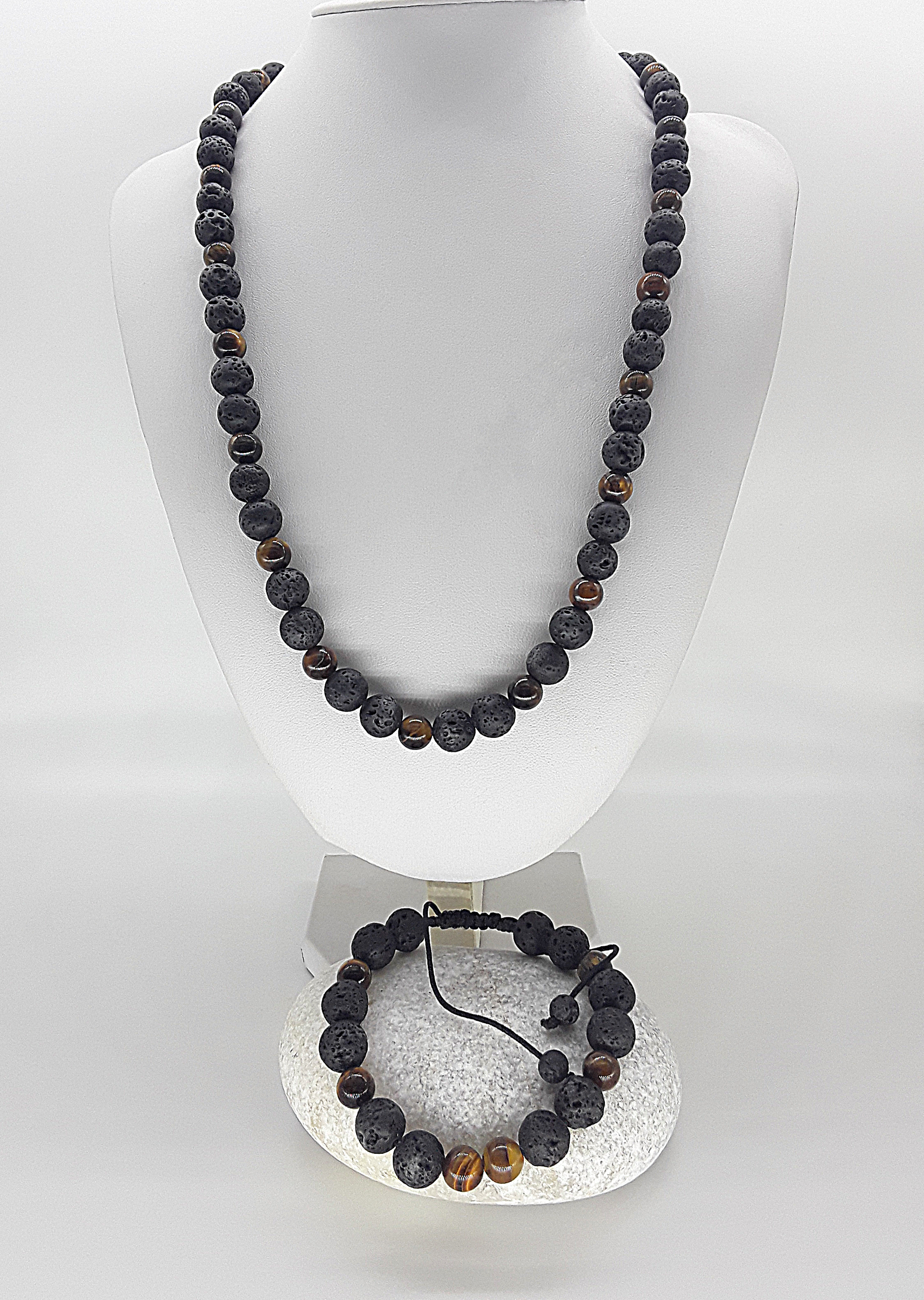 The Earthfire Vision Set by Polmadeva – handcrafted necklace & bracelet with Lava Stones and Tiger’s Eye, symbolizing courage, grounding & inner vision.