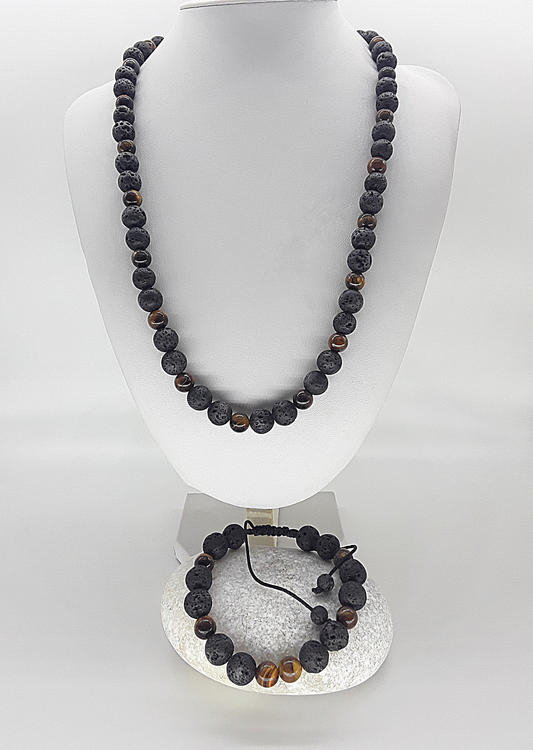 The Earthfire Vision Set by Polmadeva – handcrafted necklace & bracelet with Lava Stones and Tiger’s Eye, symbolizing courage, grounding & inner vision.