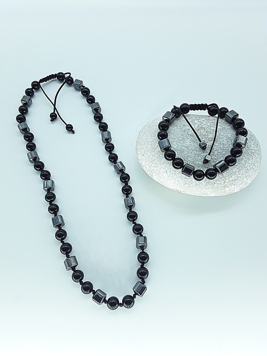 The Ironbond Set by Polmadeva – black onyx and hematite necklace and bracelet symbolizing strength, balance, and protection