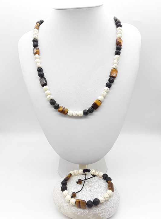 The Stone of Three Paths Set by Polmadeva – handcrafted necklace & bracelet with Lava Stone, Tiger’s Eye & Howlite, symbolizing vision, grounding & harmony.
