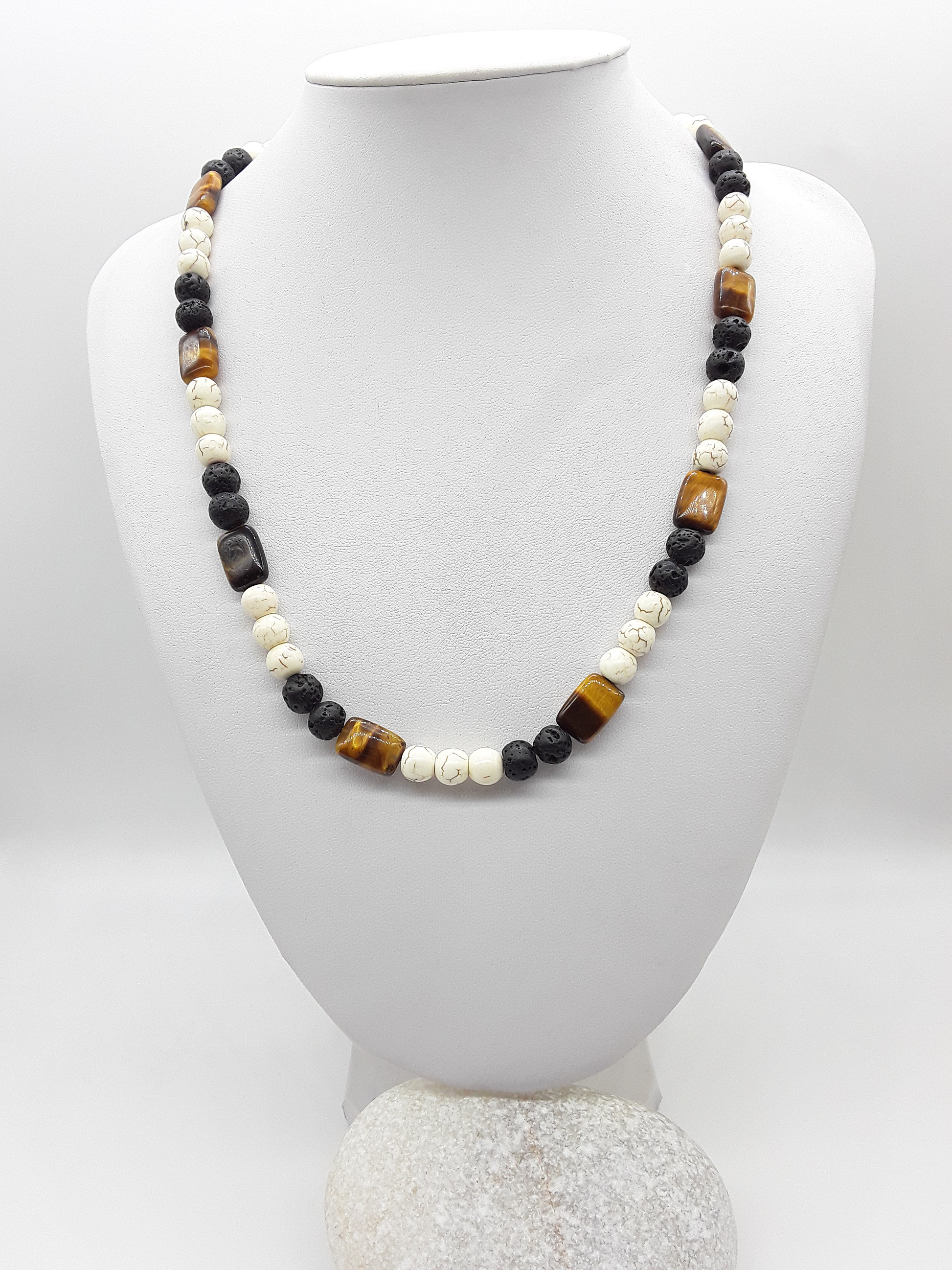 The Stone of Three Paths Set by Polmadeva – handcrafted necklace & bracelet with Lava Stone, Tiger’s Eye & Howlite, symbolizing vision, grounding & harmony.