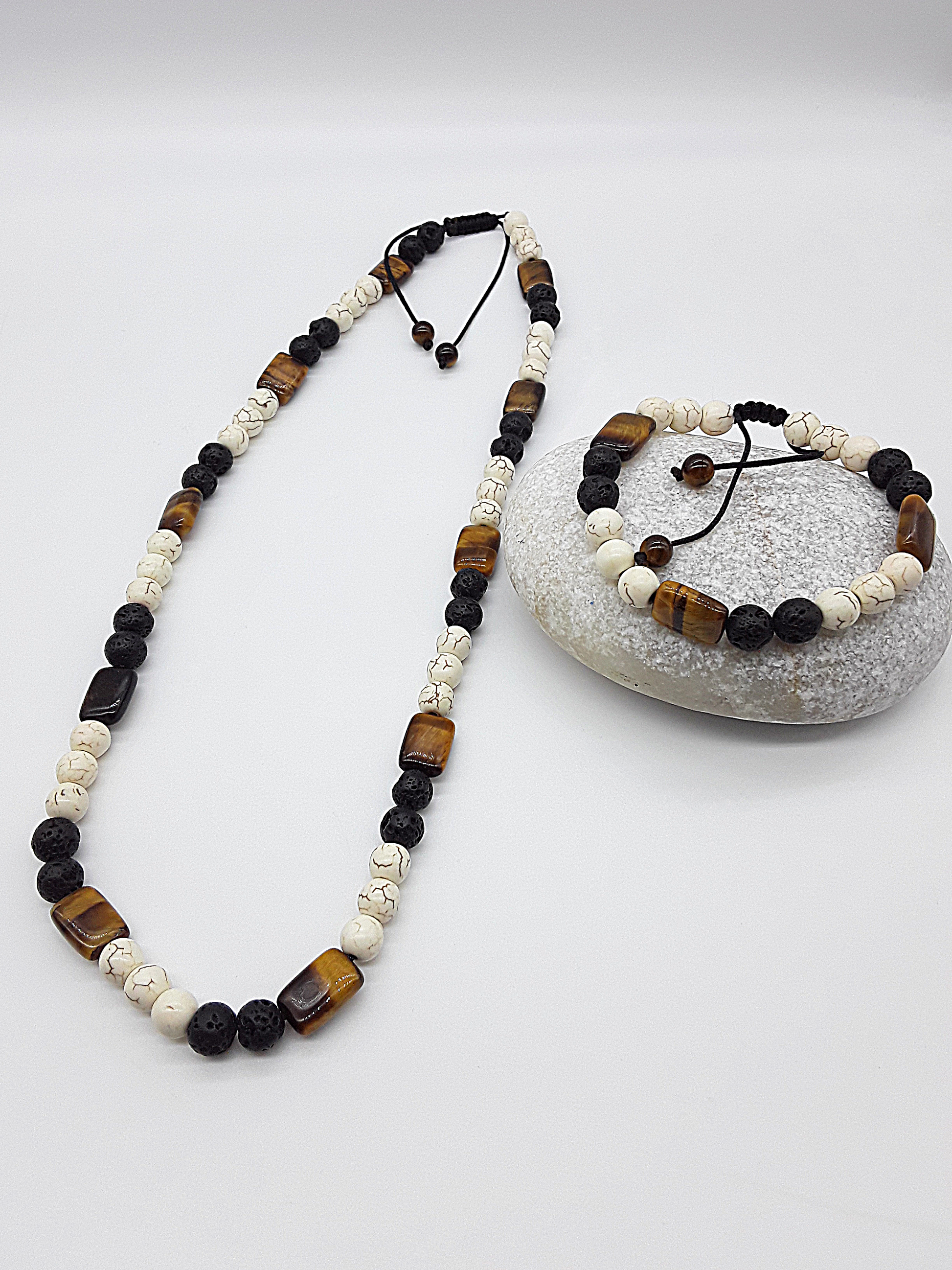 The Stone of Three Paths Set by Polmadeva – handcrafted necklace & bracelet with Lava Stone, Tiger’s Eye & Howlite, symbolizing vision, grounding & harmony.
