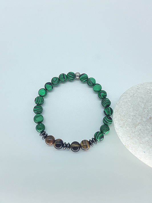The Warrior’s Path Bracelet by Polmadeva – malachite, tiger’s eye and hematite bracelet symbolizing courage, resilience, and inner strength