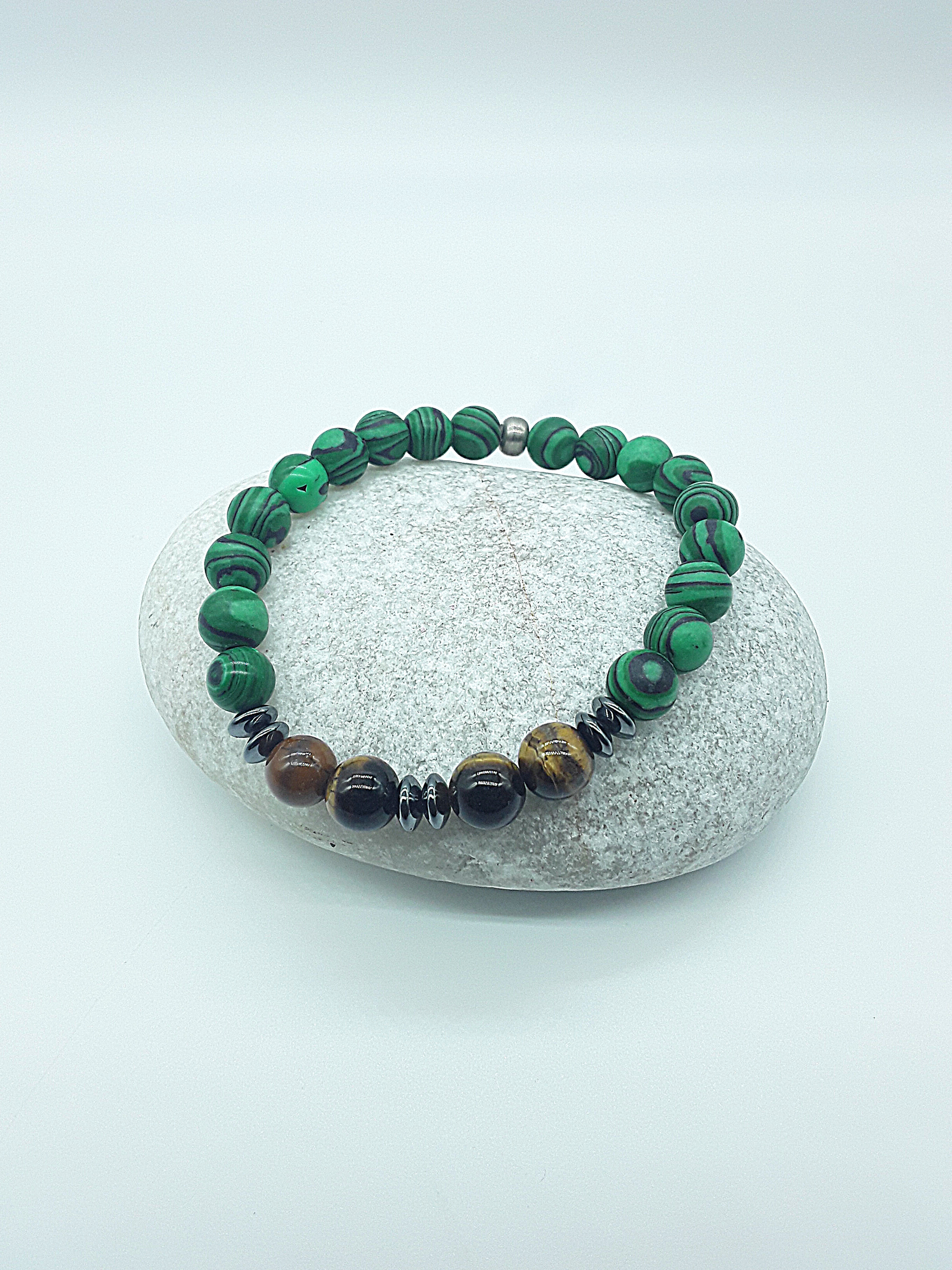 The Warrior’s Path Bracelet by Polmadeva – malachite, tiger’s eye and hematite bracelet symbolizing courage, resilience, and inner strength