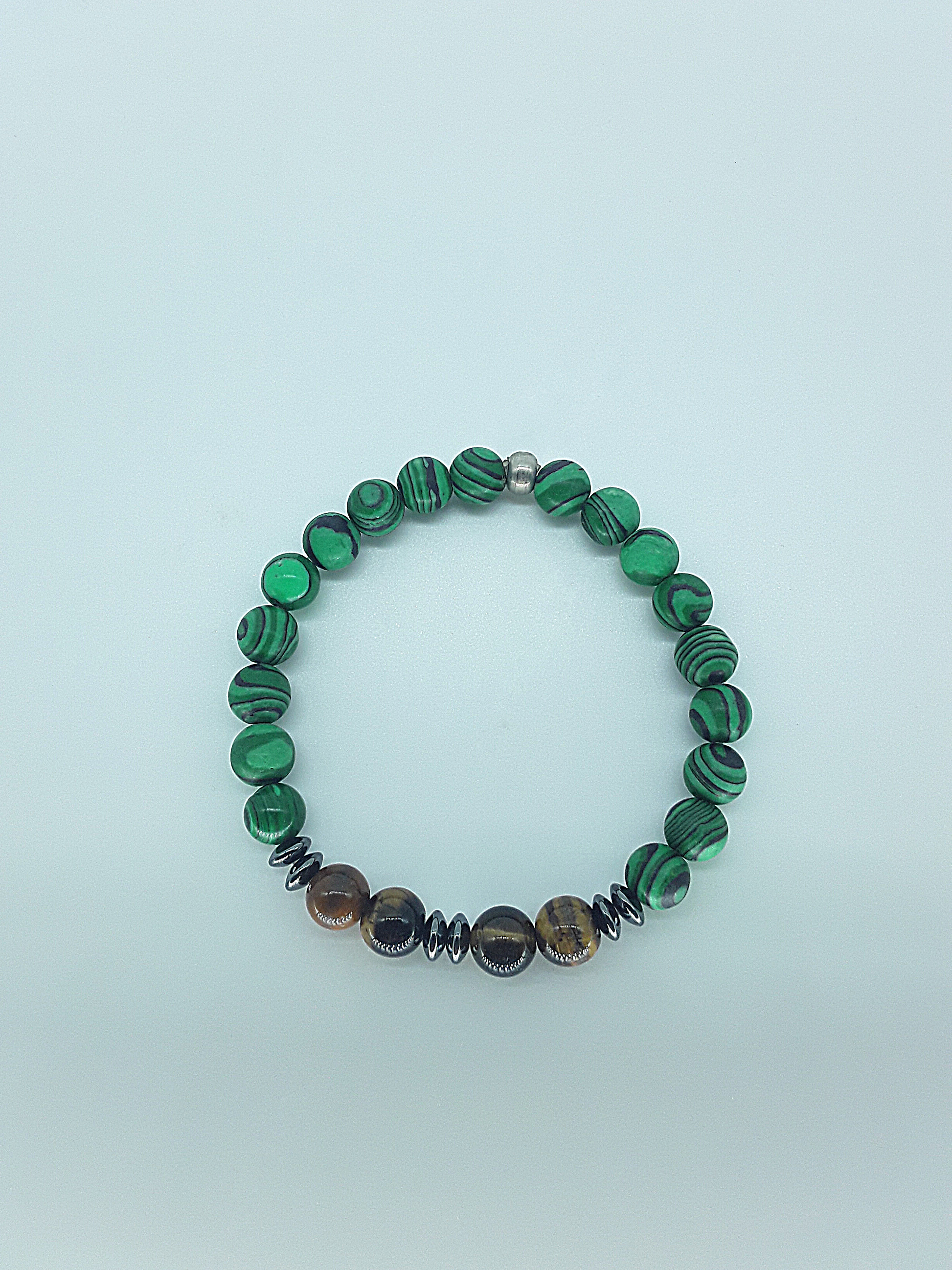 The Warrior’s Path Bracelet by Polmadeva – malachite, tiger’s eye and hematite bracelet symbolizing courage, resilience, and inner strength