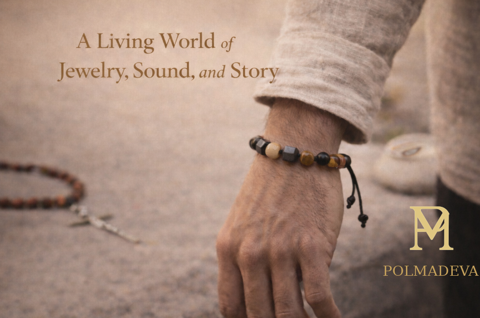 Hand wearing a beaded bracelet with text 'A Living World of Jewelry, Sound, and Story' and brand logo 'POLMADEVA'.