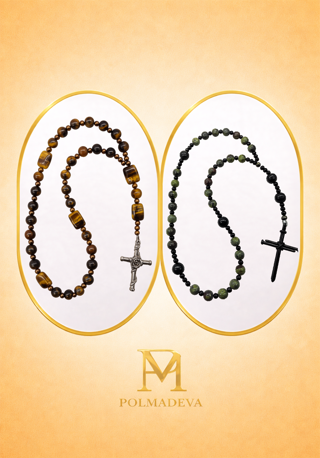 Two Anglican Prayer Beads on a beige background with Polmadeva logo.