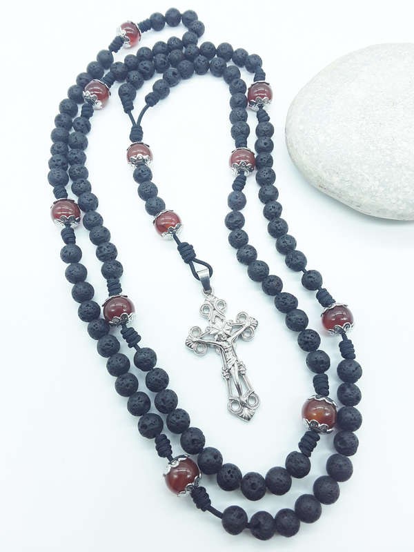 Carried Through Time — Lava Stone and Carnelian Catholic Rosary (10 Decade)