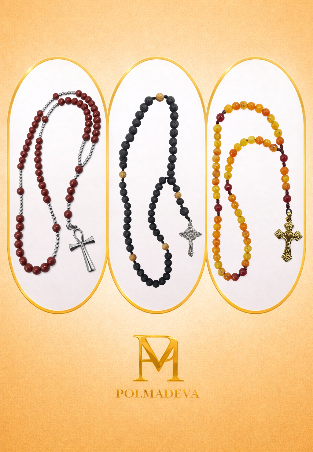Three black beaded rosaries with crosses on a beige background, featuring the Polmadeva brand.