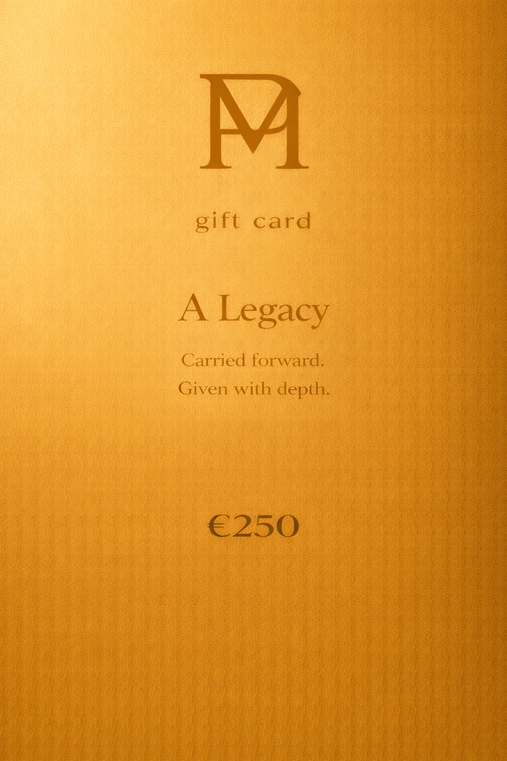 Polmadeva gift card A Legacy (€250), gold minimal design with PM monogram