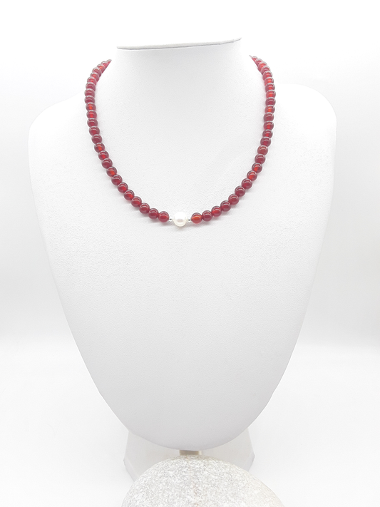 Heartfire Pearl Necklace by Polmadeva with red carnelian beads and freshwater pearl, Courage Rising collection