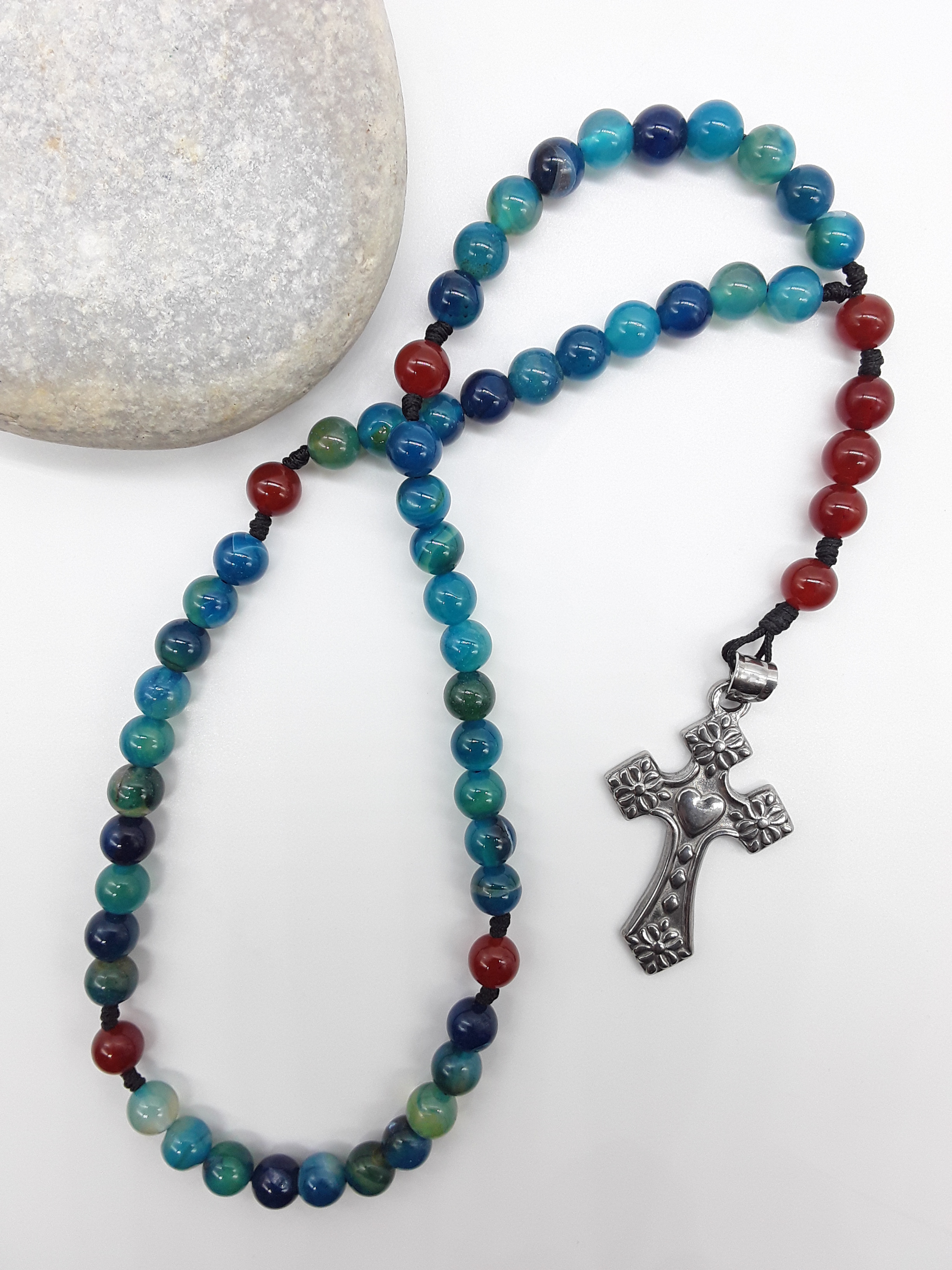 Agate and Carnelian Pocket Catholic Rosary by Polmadeva with stainless steel crucifix