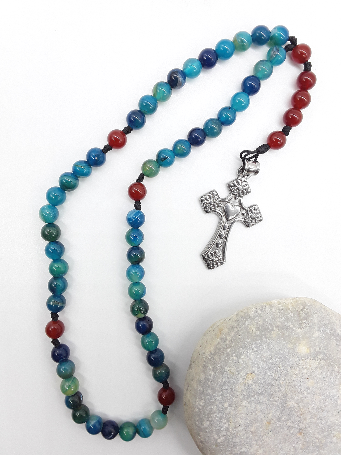 Agate and Carnelian Pocket Catholic Rosary by Polmadeva with stainless steel crucifix