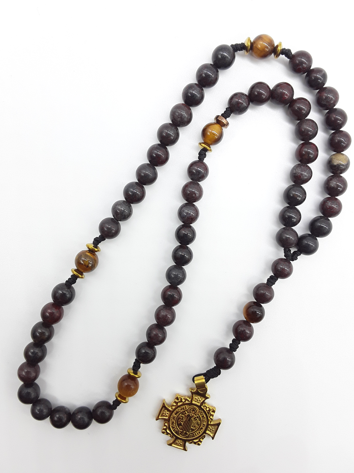 Pocket Catholic Rosary in Bloodstone with Saint Benedict crucifix by Polmadeva on white background
