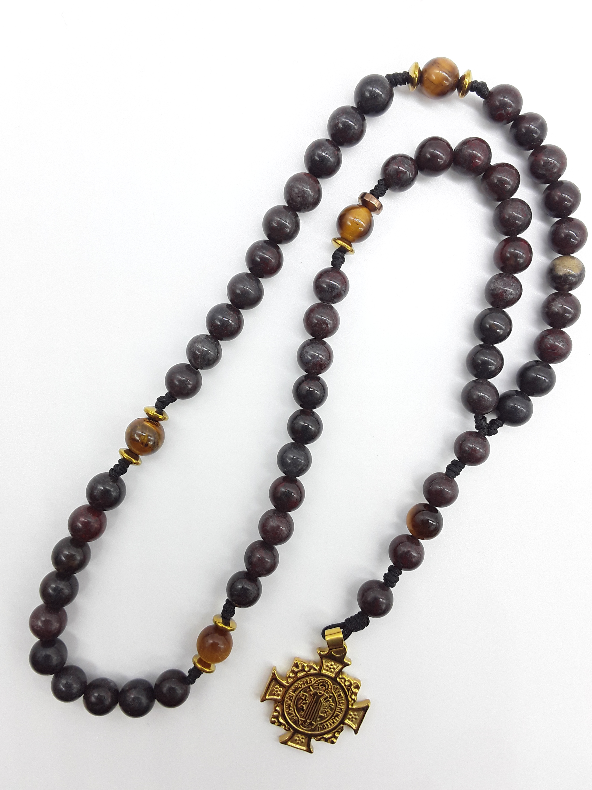 Pocket Catholic Rosary in Bloodstone with Saint Benedict crucifix by Polmadeva on white background