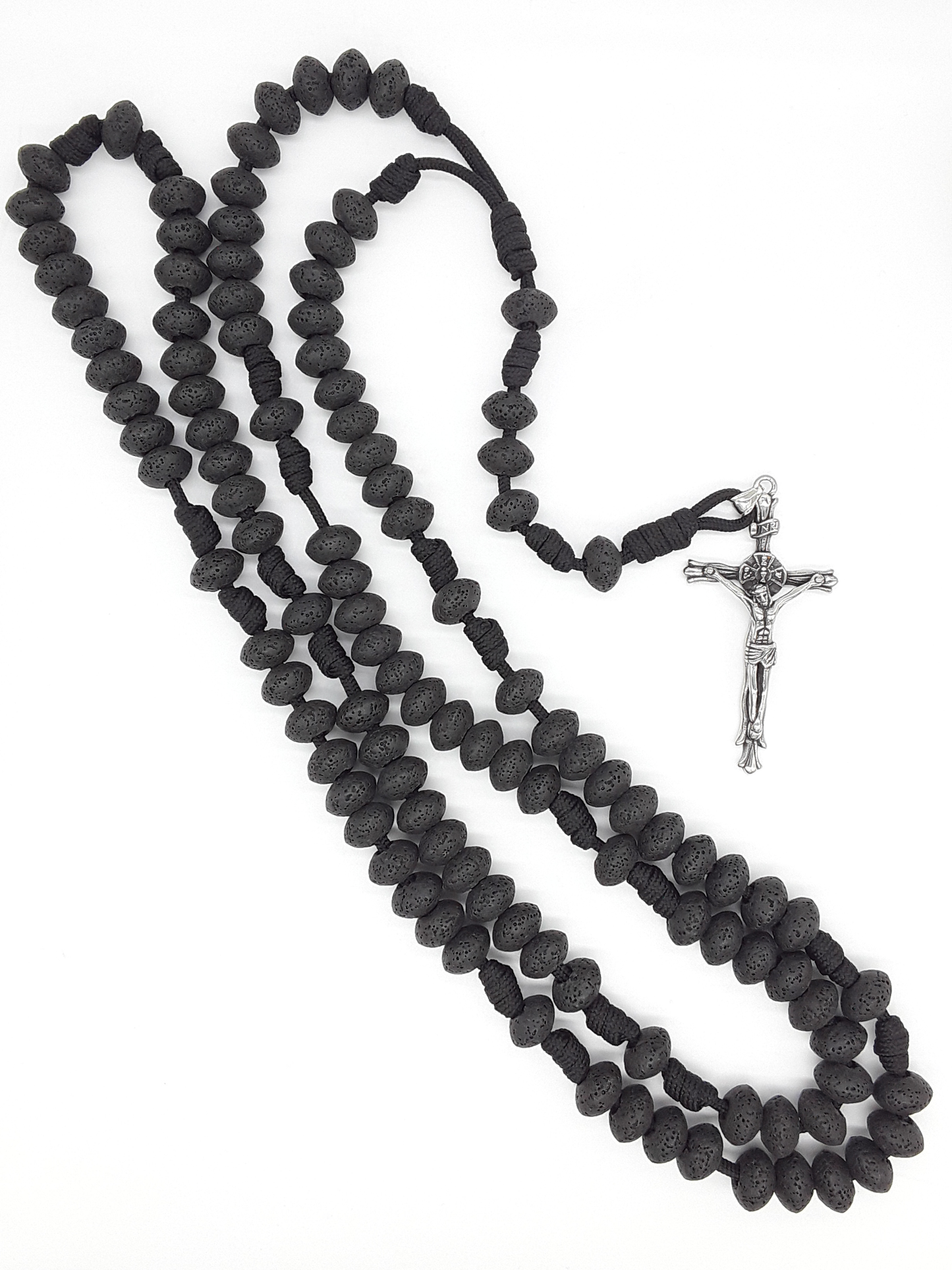 10-Decade Catholic Paracord Rosary with lava stone beads and stainless steel crucifix, handcrafted by Polmadeva for endurance and steady prayer