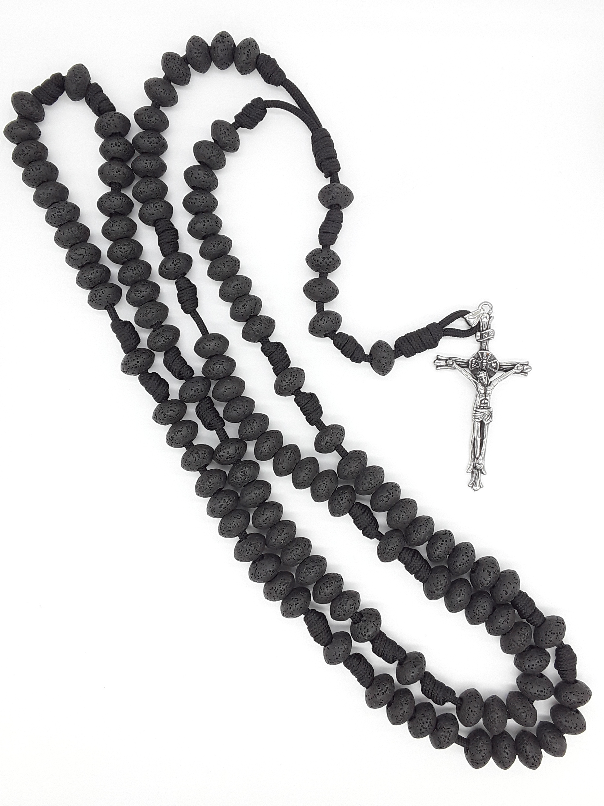 10-Decade Catholic Paracord Rosary with lava stone beads and stainless steel crucifix, handcrafted by Polmadeva for endurance and steady prayer
