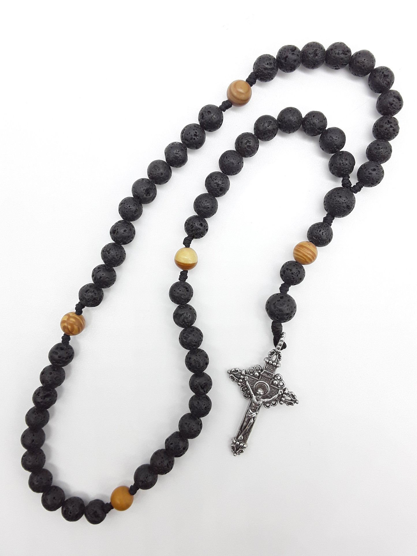Pocket & Travel Catholic Rosary in lava and tigerskin jasper with tin crucifix, arranged in a compact circular form on a white background.