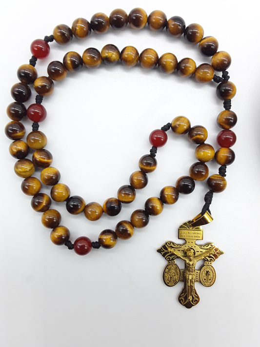 Pocket Catholic Rosary made of Tiger’s Eye and Carnelian beads with steel crucifix, photographed on a white background