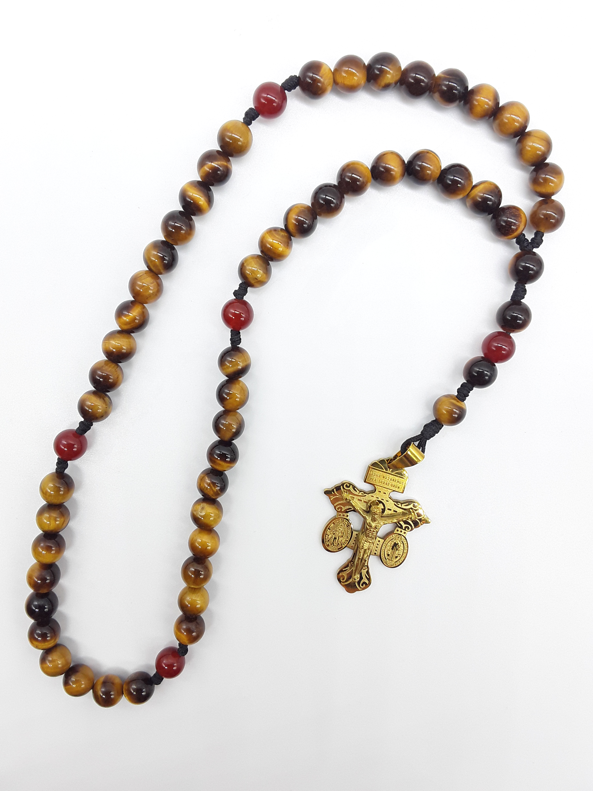 Pocket Catholic Rosary made of Tiger’s Eye and Carnelian beads with steel crucifix, photographed on a white background