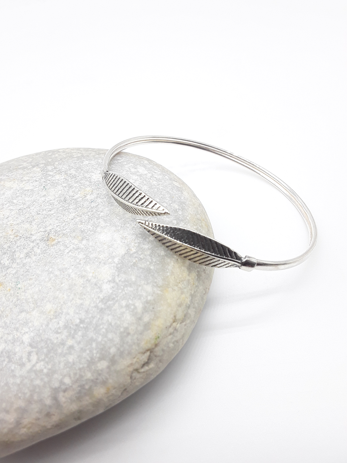 Leaf Form sterling silver cuff bracelet on stone — Polmadeva