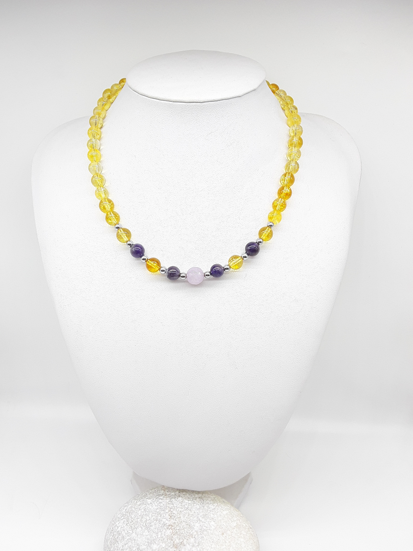 Luminous Ascent Necklace by Polmadeva with citrine, amethyst, crystal quartz and hematite gemstones, handcrafted natural gemstone necklace.