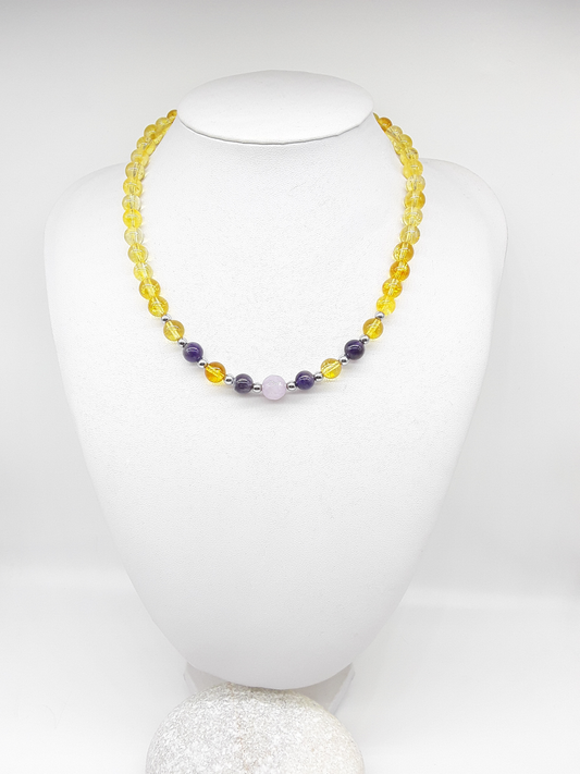 Luminous Ascent Necklace by Polmadeva with citrine, amethyst, crystal quartz and hematite gemstones, handcrafted natural gemstone necklace.