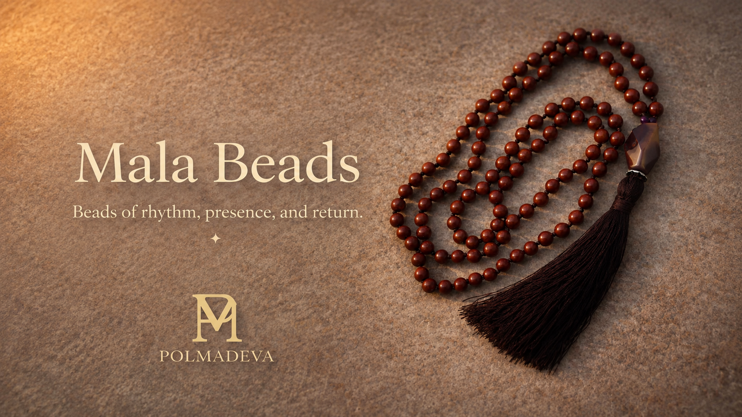 Mala beads with tassel on a textured brown background, featuring Polmadeva branding.