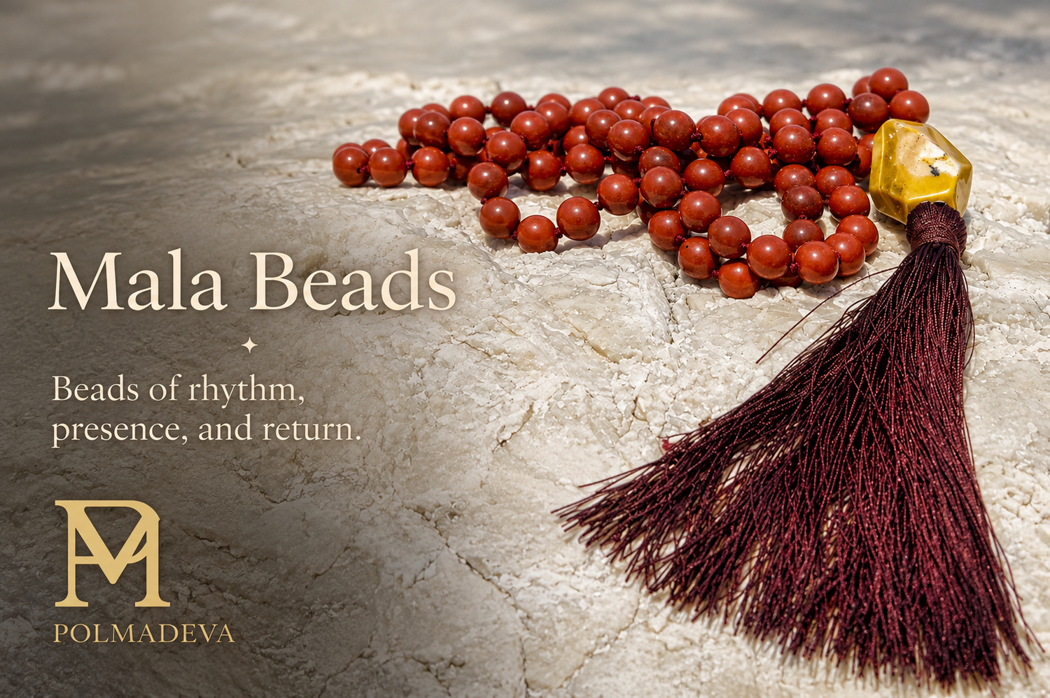 A set of mala beads with reddish-brown round beads, a gold-colored accent bead, and a dark burgundy tassel, displayed on a textured stone surface with text and the brand logo 'POLMADEVA'.