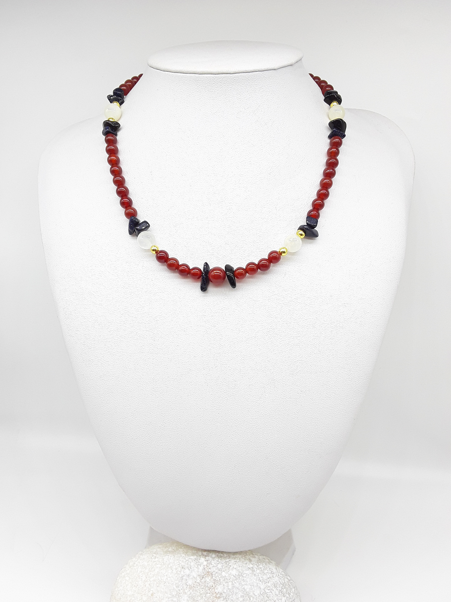 Nightfall Renewal Necklace by Polmadeva displayed on bust with carnelian beads, moonstone and blue goldstone, Begin Again collection