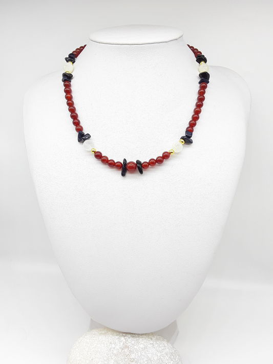Nightfall Renewal Necklace by Polmadeva displayed on bust with carnelian beads, moonstone and blue goldstone, Begin Again collection