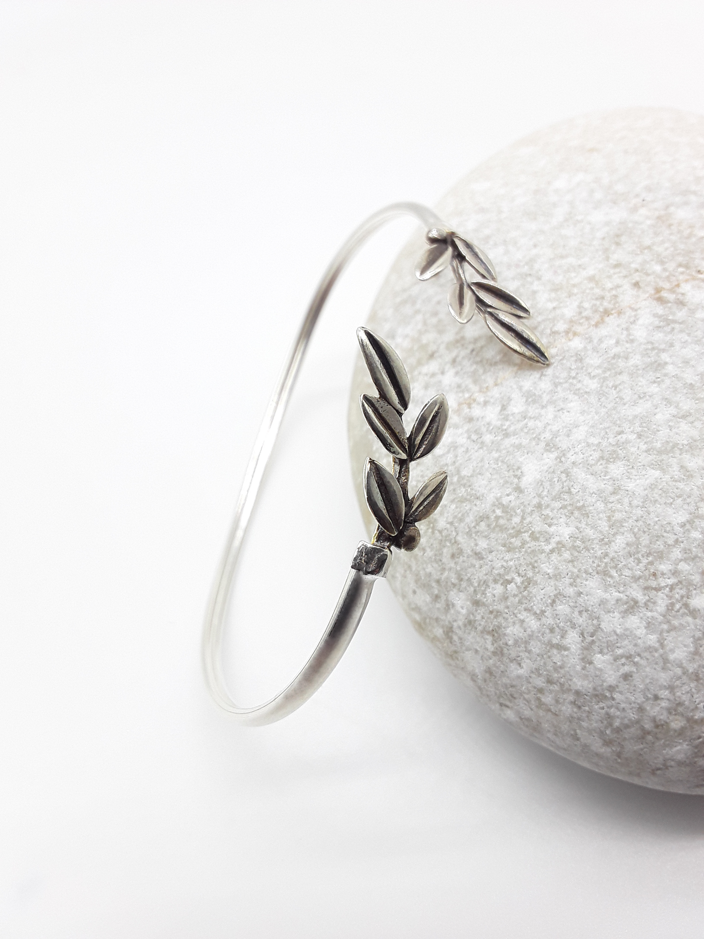 Sterling silver open cuff bracelet with olive branch motif — Polmadeva
