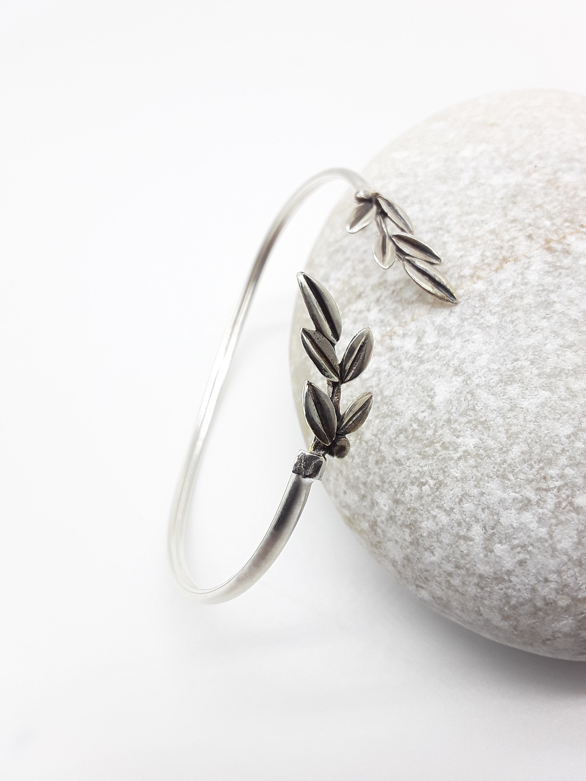 Sterling silver open cuff bracelet with olive branch motif — Polmadeva