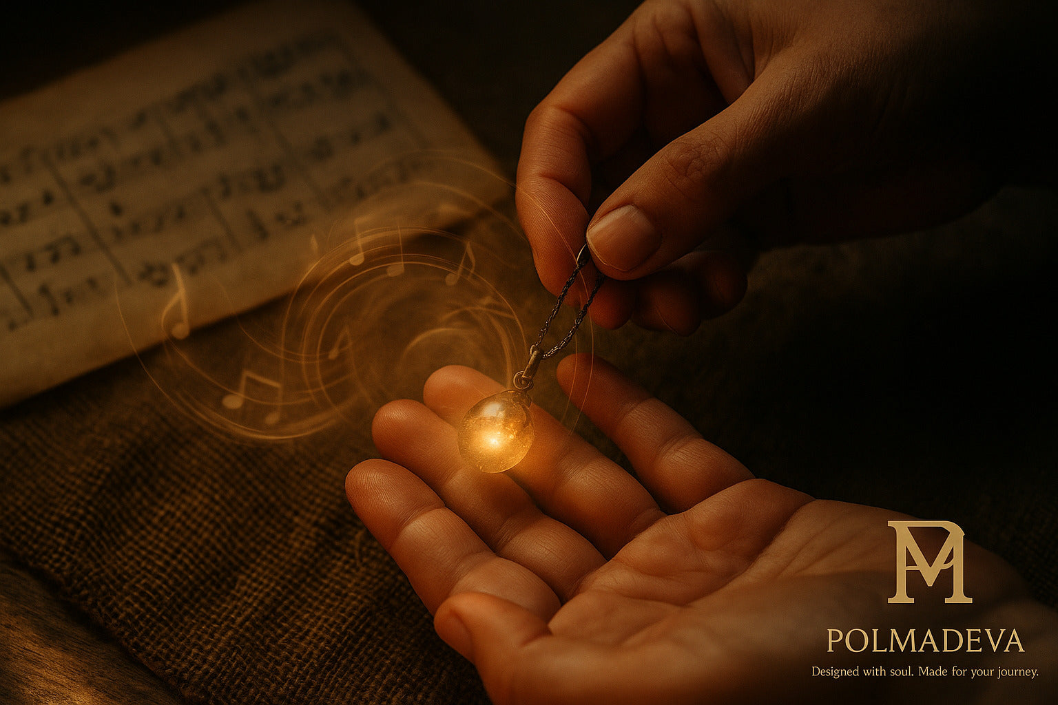 Hand holding a handcrafted jewelry piece glowing in warm light with a music sheet background, symbolizing love, memory, and timeless artistry – Polmadeva.