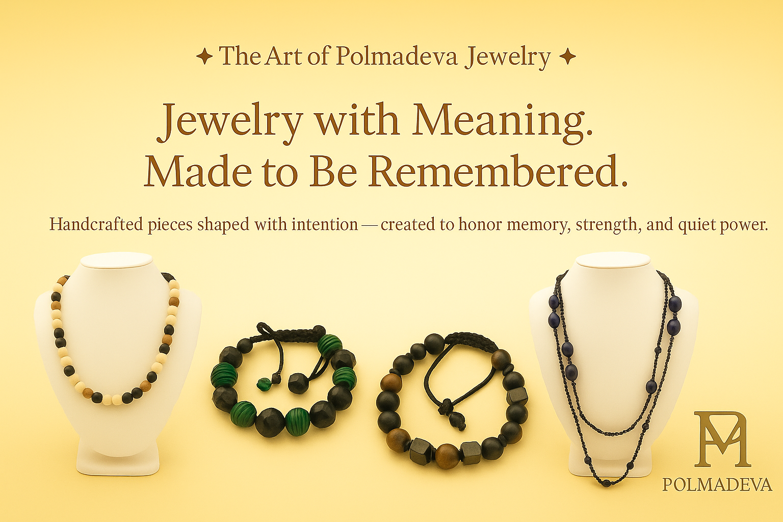 Polmadeva handcrafted beaded necklaces and bracelets displayed on mannequins — jewelry with meaning and intention.