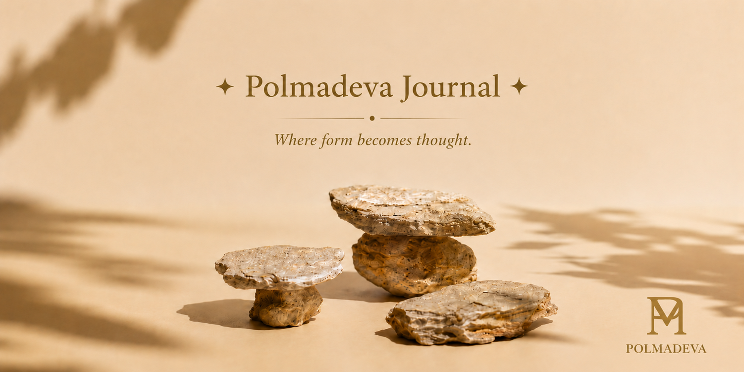 Stack of stones on a beige background with Polmadeva Journal branding.