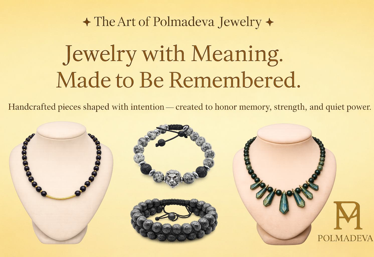 Polmadeva handcrafted beaded necklaces and bracelets displayed on mannequins — jewelry with meaning and intention.