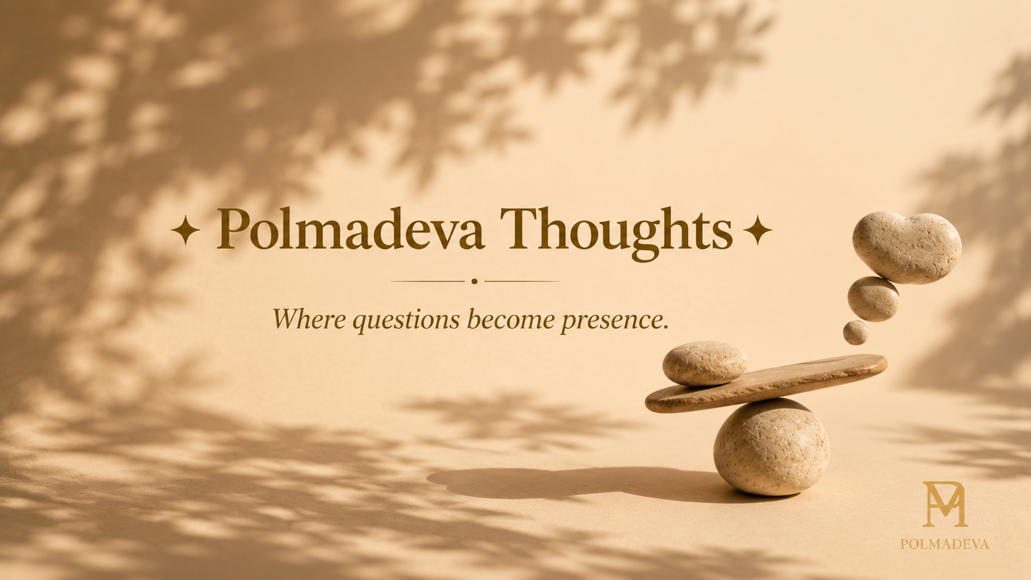A minimalist warm-toned scene with balanced stones in soft natural light, featuring the title “Polmadeva Thoughts” and the tagline “Where questions become presence.” alongside the Polmadeva logo.