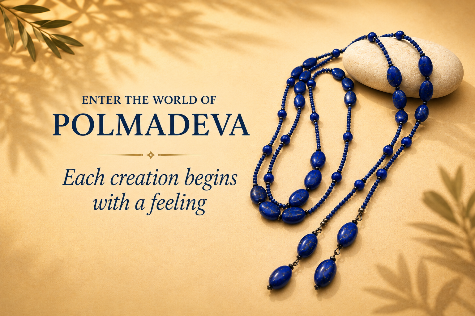 Blue beaded necklace on a stone with 'Polmadeva' branding and tagline on a beige background