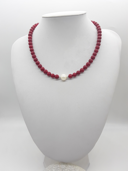 Rise with Fire Necklace crafted with red coral beads and a central pearl, symbolizing courage, vitality, and inner fire, Polmadeva Courage Rising collection