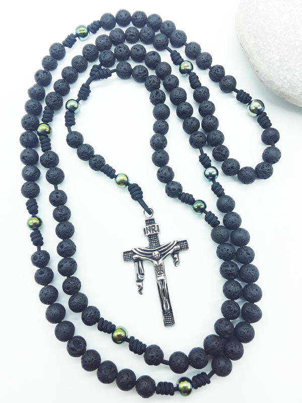 Steadfast Path — Lava Stone and Hematite Catholic Rosary (10 Decade)