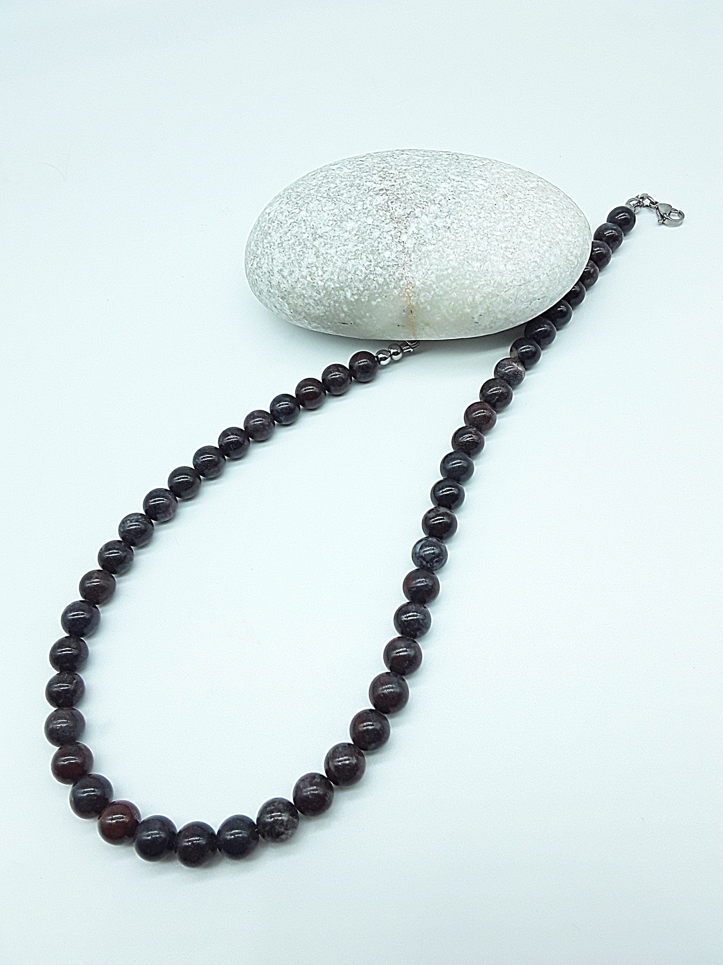Stone of Resolve Necklace featuring bloodstone beads styled around stone, Polmadeva Quiet Power collection
