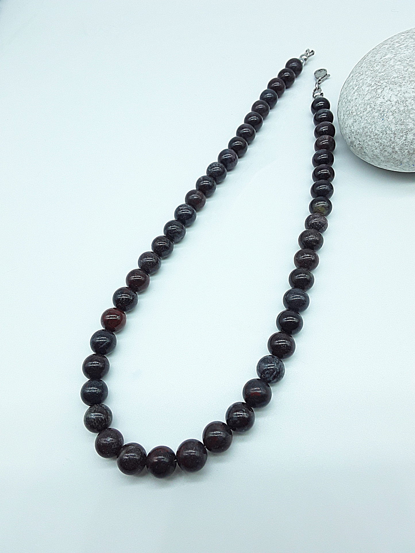 Stone of Resolve Necklace crafted from bloodstone beads, minimalist laid necklace from Polmadeva Quiet Power collection